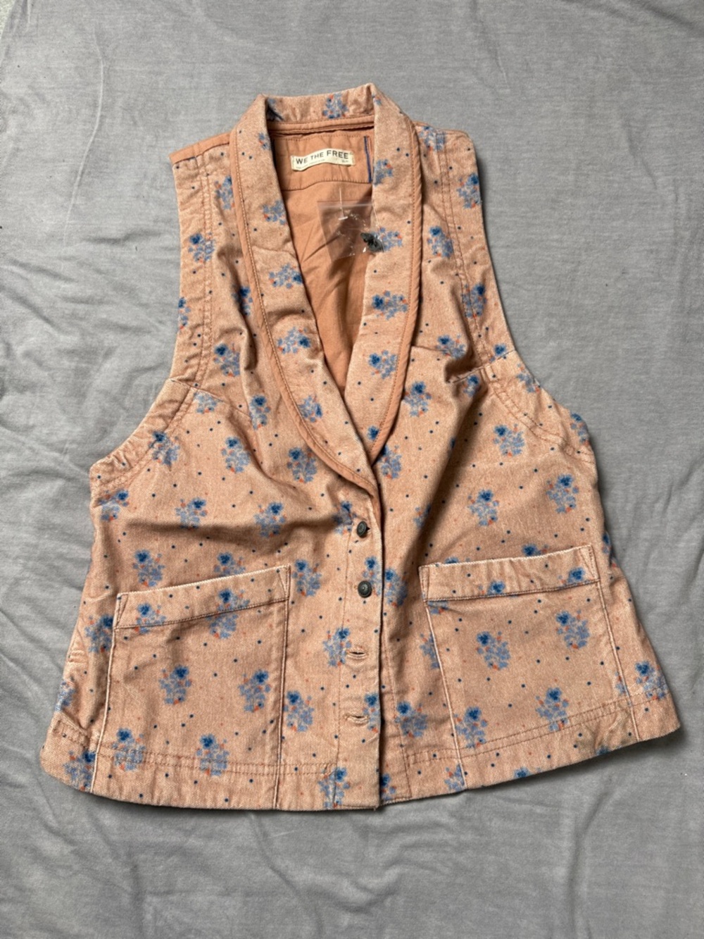 We The Free Peach Floral Shawl-Collar Button Vest - S NWOT